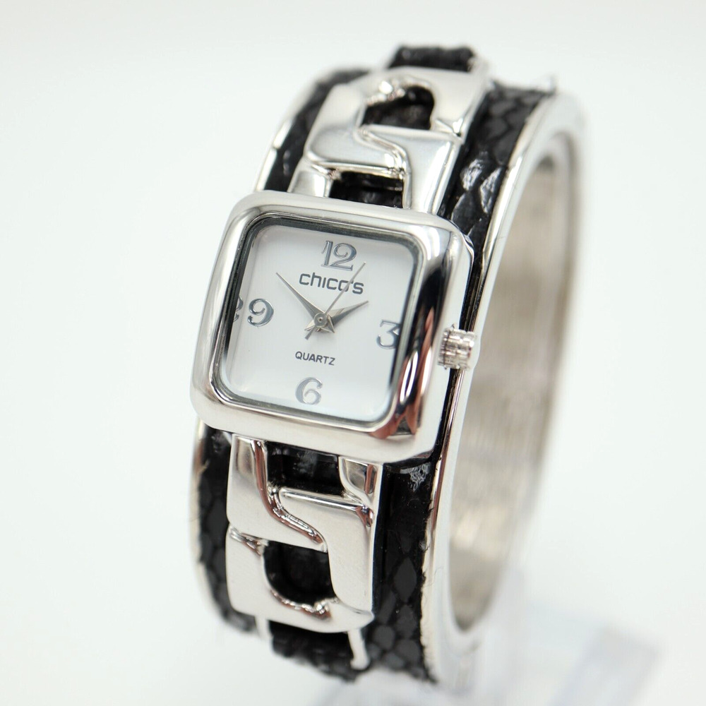 Chico's Women Watch 26mm Square Dial Silver Black Cuff Bracelet w New Battery
